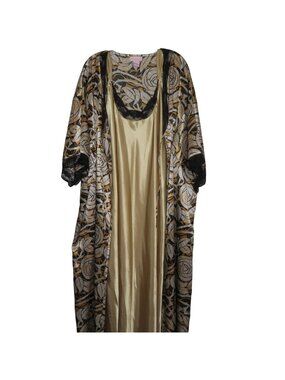 Vintage Serenada Womens 2-Piece Satin Robe Nightgown Set 1X Gold Black Floral